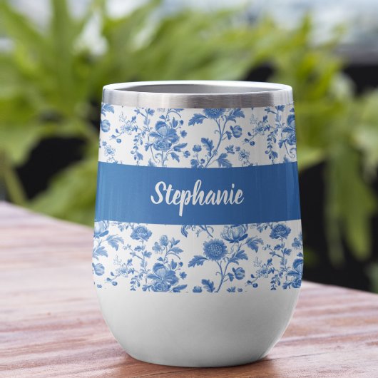 Monogramme de nom floral vintage bleu blanc