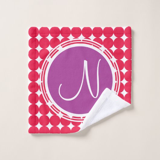 Monogramme de point Polka violet et rouge (Gant de toilette)
