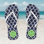 Monogramme de Quatrefoil Marocain Marine et Vert<br><div class="desc">Sandales à tongs imprimées sur mesure avec un motif chic marocain en quatrefoil et votre monogramme personnalisé ou autre texte dans un cadre circulaire. Cliquez sur Customiser pour modifier les polices de texte et les couleurs ou ajouter vos propres images pour créer un design unique et unique !</div>