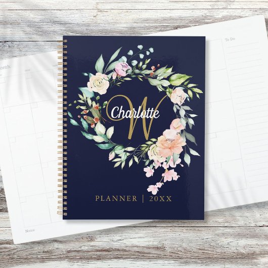 Monogramme de roses à l'écriture florale bleu mari