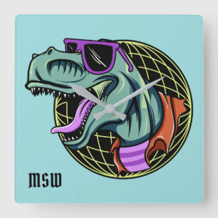 Monogramme de T-Rex de hippie et horloge murale