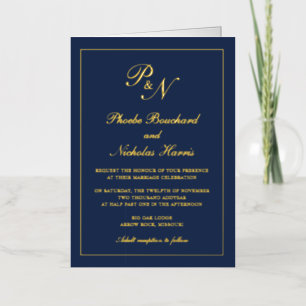 Monogramme d'or bleu marine Faire-part de mariage
