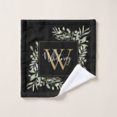 Monogramme d'or noir personnalisé Vert Floral (Gant de toilette)