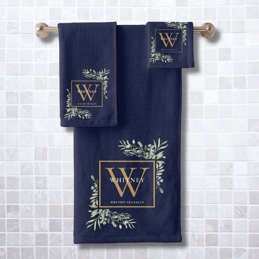 Monogramme doré Nom Verdure Bleu marine