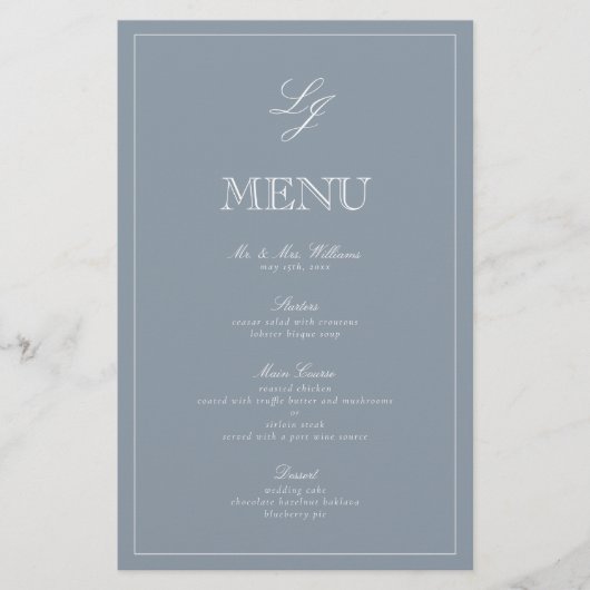 Monogramme Dusty Blue Script élégant Menu Mariage (Devant)