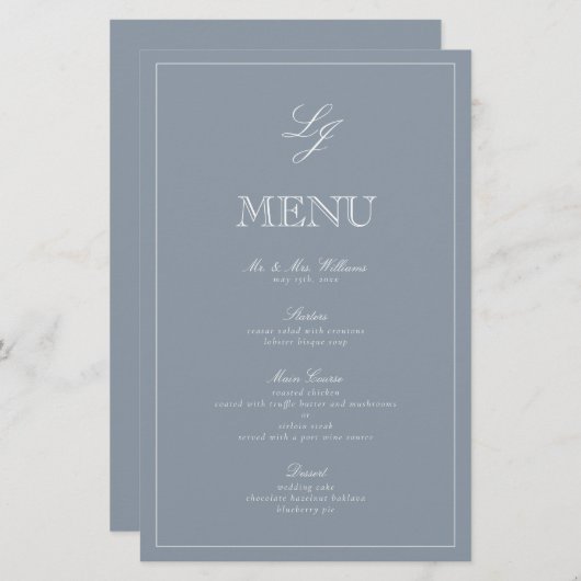 Monogramme Dusty Blue Script élégant Menu Mariage (Devant / Derrière)