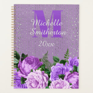 Monogramme élégant floral violet paillettes argent