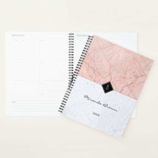 Monogramme Elegant Rose Gold Gris Marbre Planner (Devant avec enveloppe)