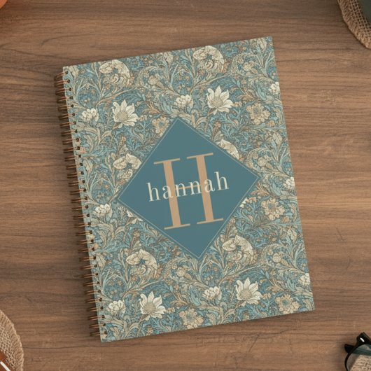 Monogramme élégant William Morris à fleurs bleues