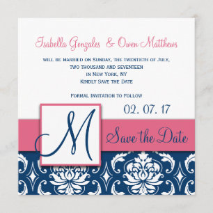 Monogramme en damas bleu rose Enregistrer la carte