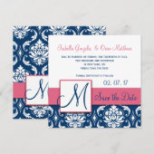 Monogramme en damas bleu rose Enregistrer la carte (Devant / Derrière)