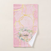 Monogramme en écriture dorée Fleur rose sur agate (Serviette à main)