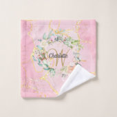 Monogramme en écriture dorée Fleur rose sur agate (Gant de toilette)