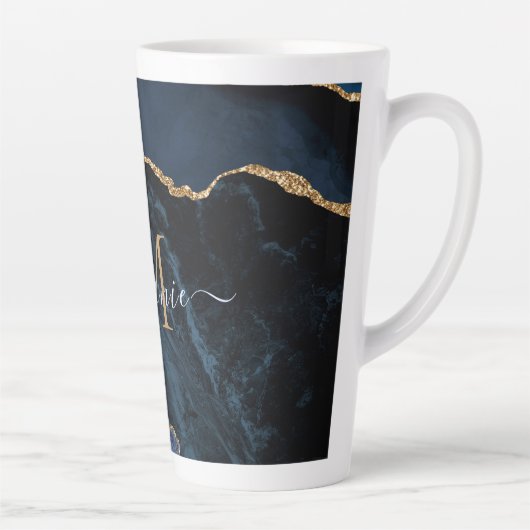 Monogramme en marbre bleu marine Nom Mug latte (Droite)