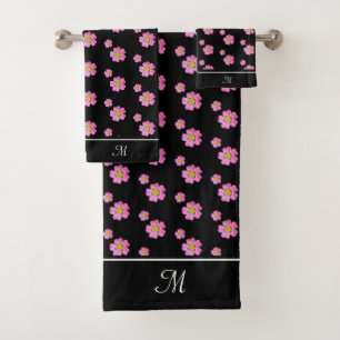 Monogramme et belles fleurs roses sur fond noir