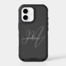 Monogramme et nom stylisés en gris dans un script