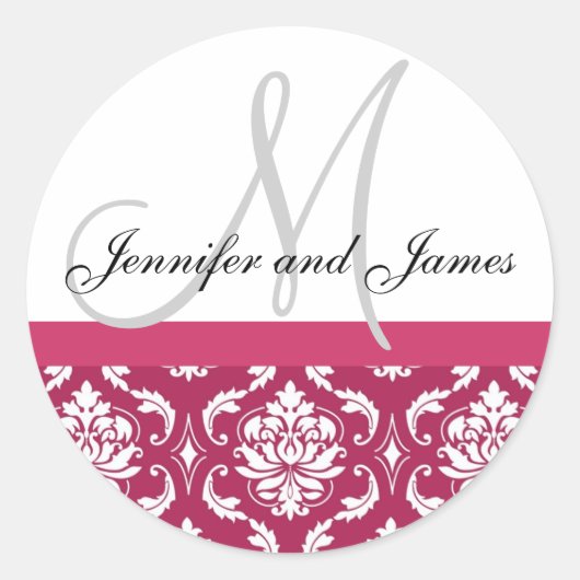 Monogramme et noms Damask Hot PInk Sticker Mariage (Devant)