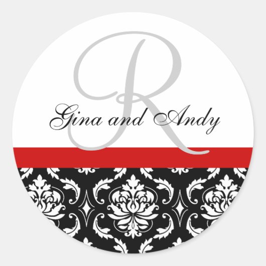 Monogramme et noms Damask Red Mariage Sticker (Devant)