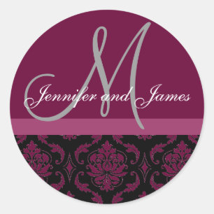 Monogramme et noms Damask Vin Gris Sticker Mariage