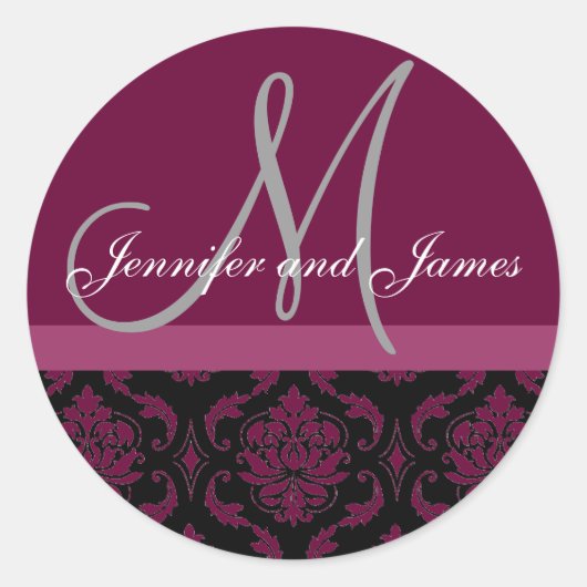 Monogramme et noms Damask Vin Gris Sticker Mariage (Devant)