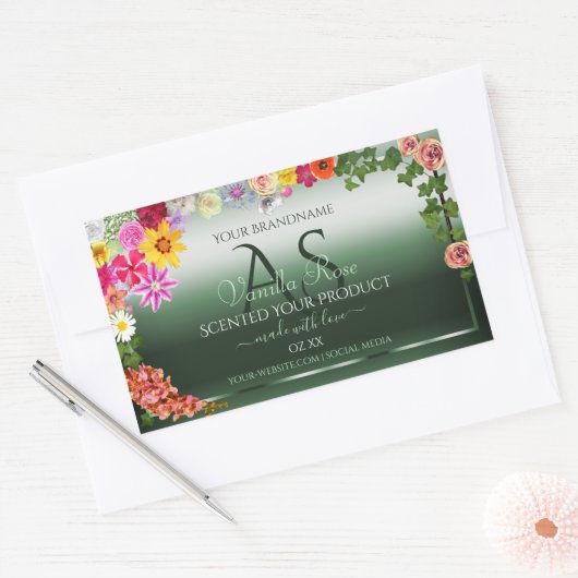 Monogramme Étiquette de produit Floral vert foncé (Enveloppe)