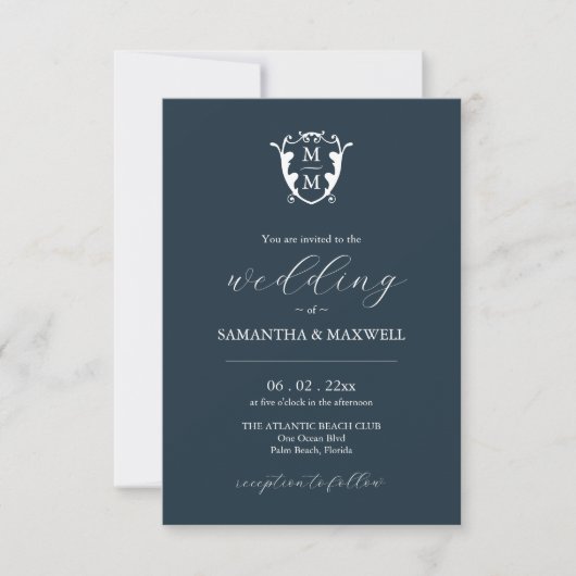 Monogramme Faire-part de mariage avec code QR bleu (Devant)