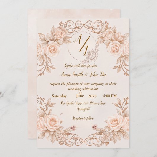 Monogramme Faire-part de mariage avec élégant Rose (Devant / Derrière)
