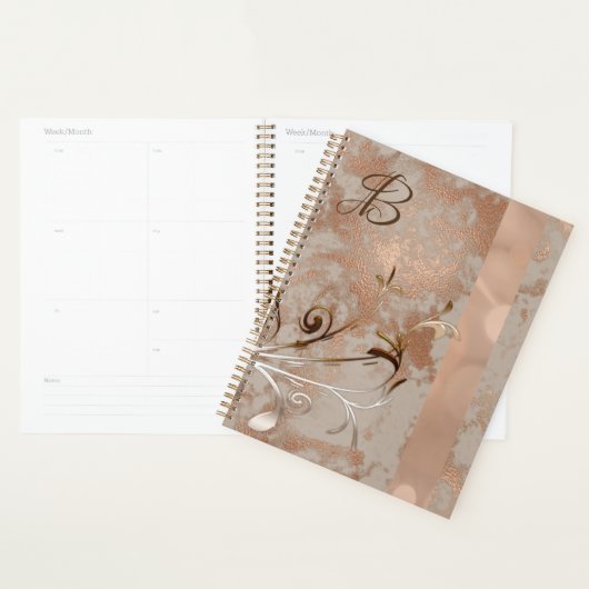 Monogramme Faux Rose Gold Floral Planner (Devant avec enveloppe)