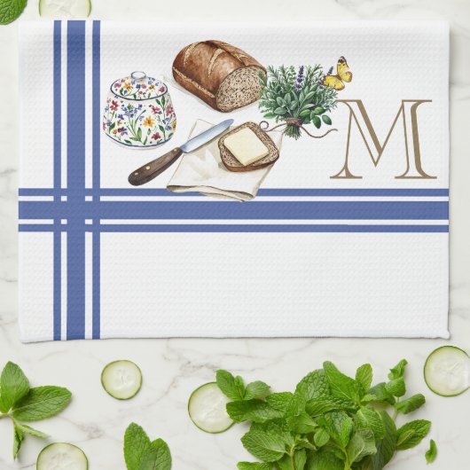 Monogramme Ferme Cuisine Serviette Bleu Herbes à r (Plié)