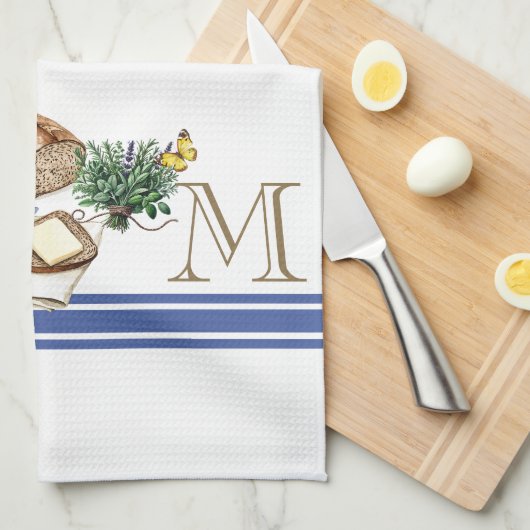 Monogramme Ferme Cuisine Serviette Bleu Herbes à r (Quart Plié)