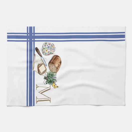 Monogramme Ferme Cuisine Serviette Bleu Herbes à r (Horizontal)
