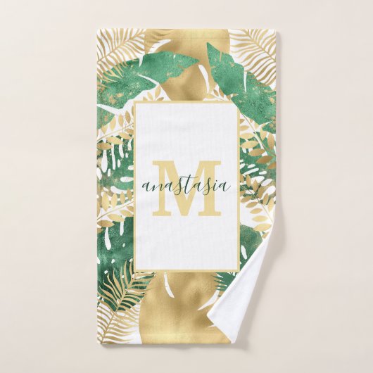 Monogramme Feuille Tropical Vert Or Moderne (Serviette à main)