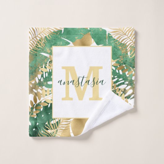 Monogramme Feuille Tropical Vert Or Moderne (Gant de toilette)