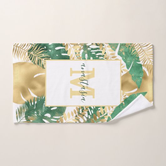 Monogramme Feuille Tropical Vert Or Moderne (Serviette à main)