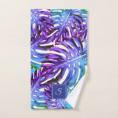 Monogramme Feuille tropicale Motif bleu violet mod (Serviette à main)
