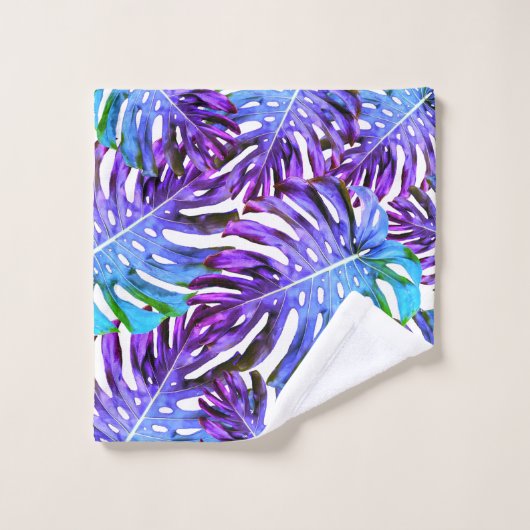 Monogramme Feuille tropicale Motif bleu violet mod (Gant de toilette)