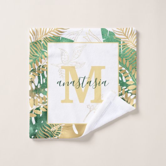 Monogramme Feuille vert doré moderne (Gant de toilette)