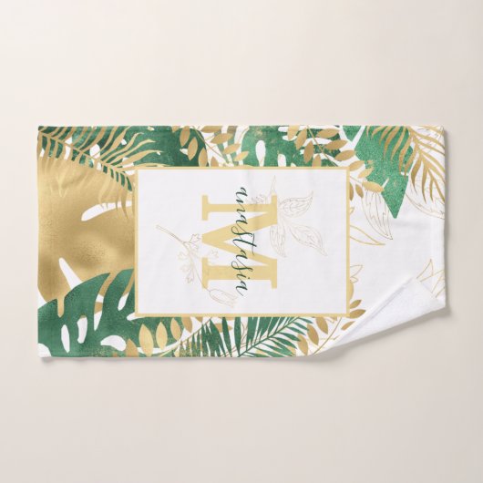 Monogramme Feuille vert doré moderne (Serviette à main)