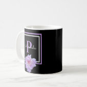 Monogramme Fleur rose Noir Café Mug (Devant gauche)