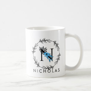 Monogramme floral bleu - Lettre N Mug café