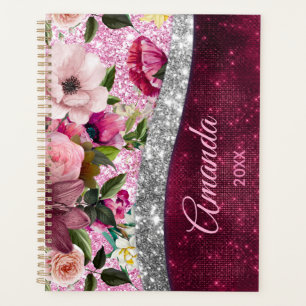 monogramme floral Burgundy rose argent faux partie