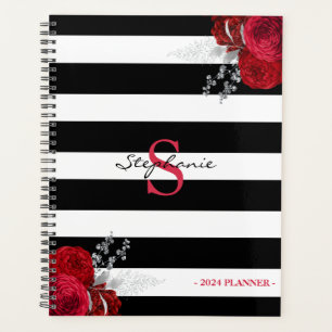 Monogramme floral d'argent rouge Bandes noires 202