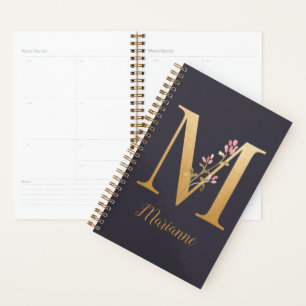 Monogramme floral élégant bleu or personnalisé