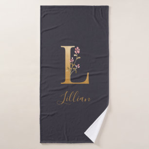 Monogramme floral élégant bleu or personnalisé L