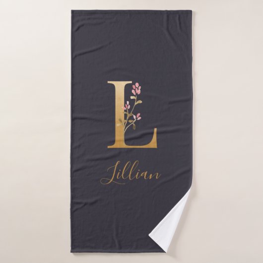 Monogramme floral élégant bleu or personnalisé L  (Serviette de bain)