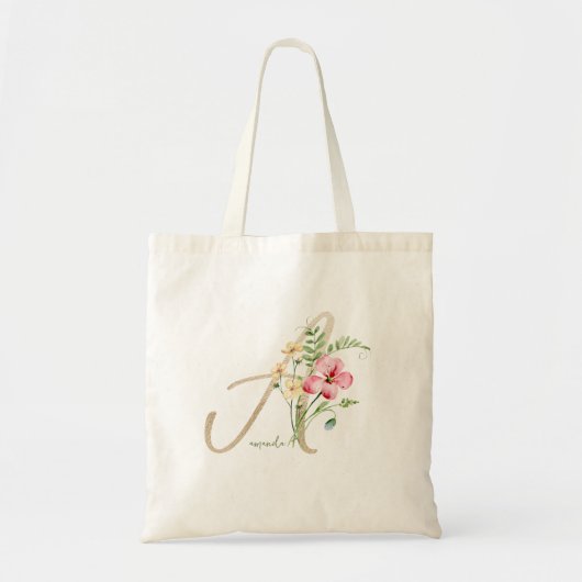 Monogramme Floral Gold Initial A avec nom Sac four (Devant)