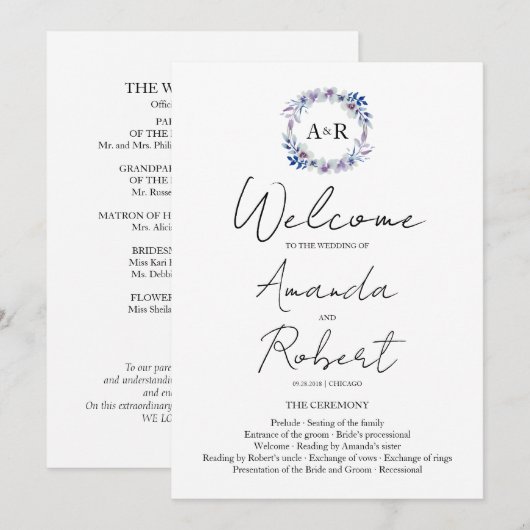 Monogramme Floral Mariage Cérémonie Programme (Devant / Derrière)