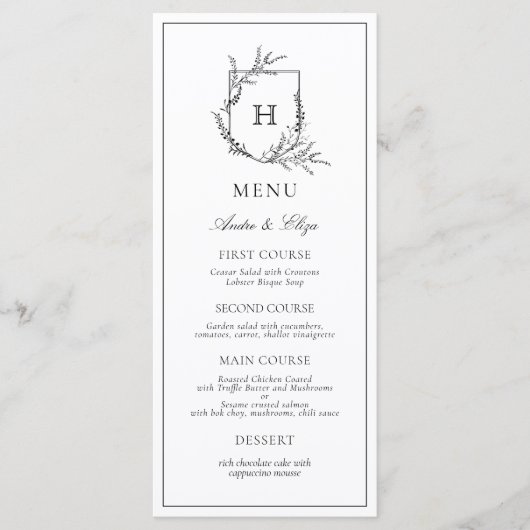Monogramme floral Menu Mariage noir et blanc (Devant)
