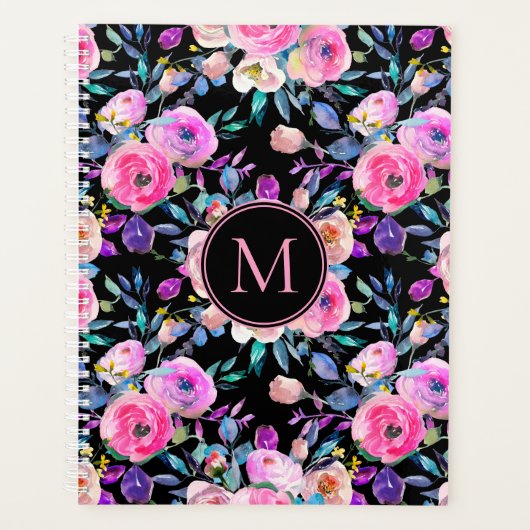 Monogramme floral noir rose Personnalisé (Devant)