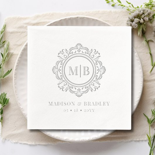 Monogramme Floral Orné Mariage Élégant Argent